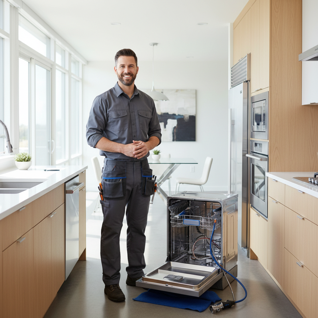Smiling appliance repair technician in a modern kitchen