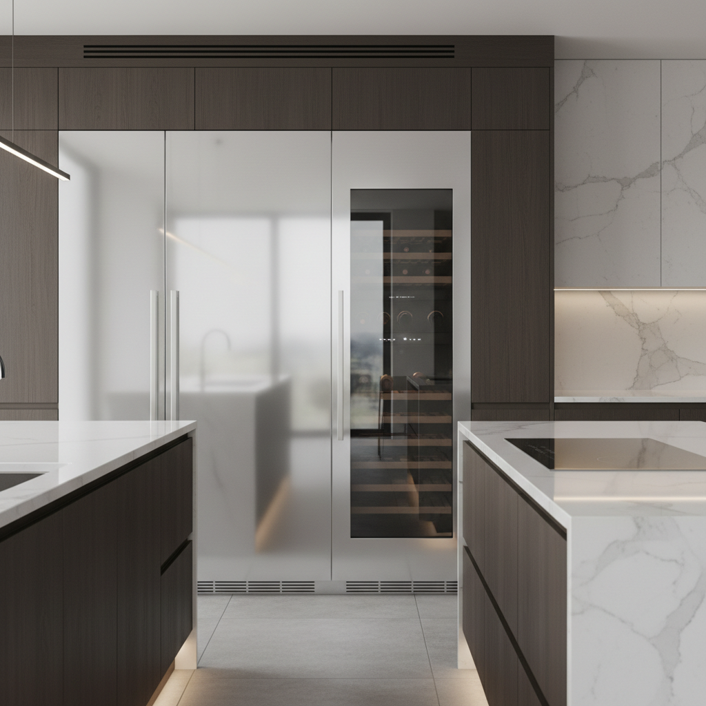 Modern high-end kitchen with built-in refrigerator and wine cooler